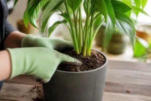 Une personne examine attentivement la terre d'une plante verte pour lutter contre la mouche de terreau.