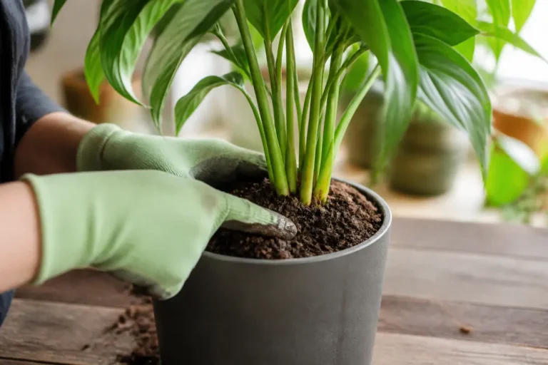 Une personne examine attentivement la terre d'une plante verte pour lutter contre la mouche de terreau.