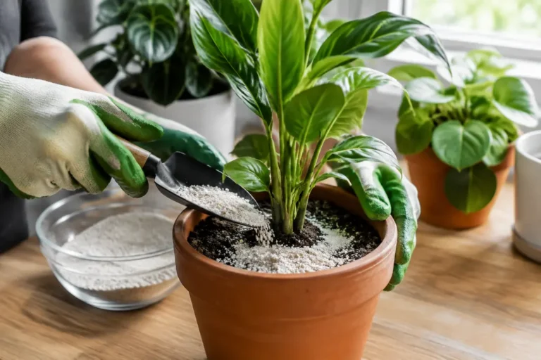 Mains gantées appliquant une couche de sable pour un traitement anti mouche de terreau sur une plante verte