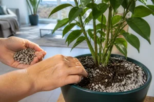 mains de jardinier étalant du granulat minéral sur le terreau pour lutter contre bacillus thuringiensis sciarides
