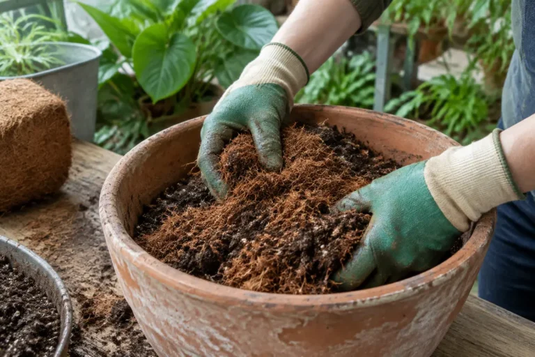 Jardinier mélangeant de la fibre de coco pour plante dans un pot en terre cuite