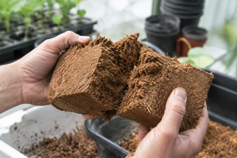 Mains effritant un bloc de fibre de coco substrat sec et fibreux sur une table de rempotage