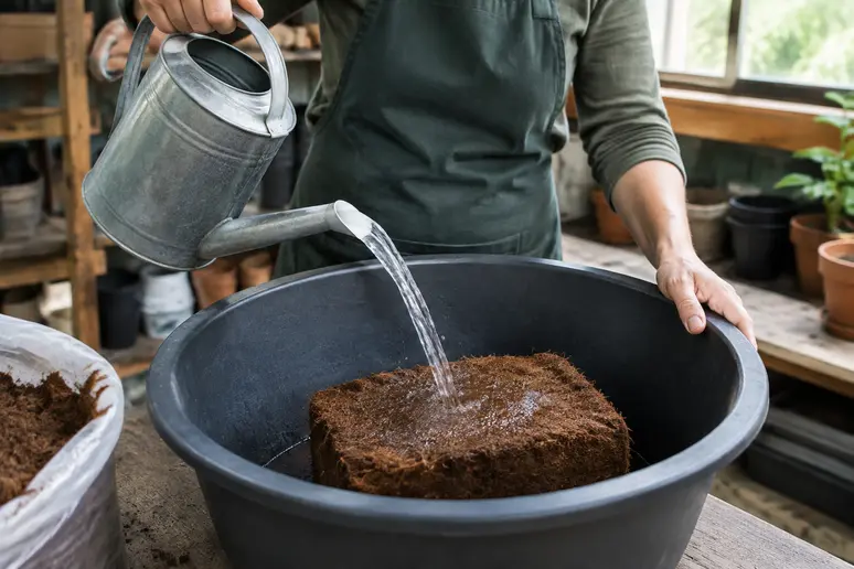 Arrosage d'un bloc compact de fibre de coco substrat dans une bassine pour le réhydrater