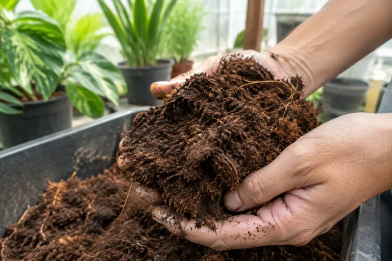 Jardinier manipulant de la fibre de coco substrat pour rempoter des plantes d'intérieur