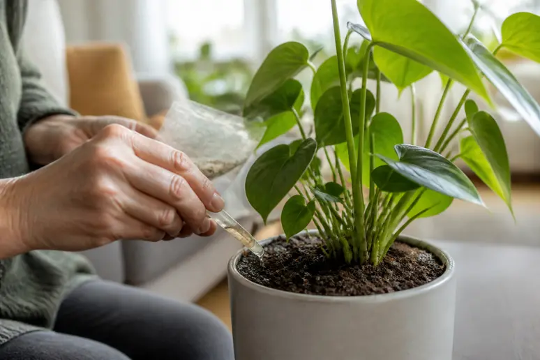 Application de nématodes dans le terreau humide d'une plante verte contre les moucherons