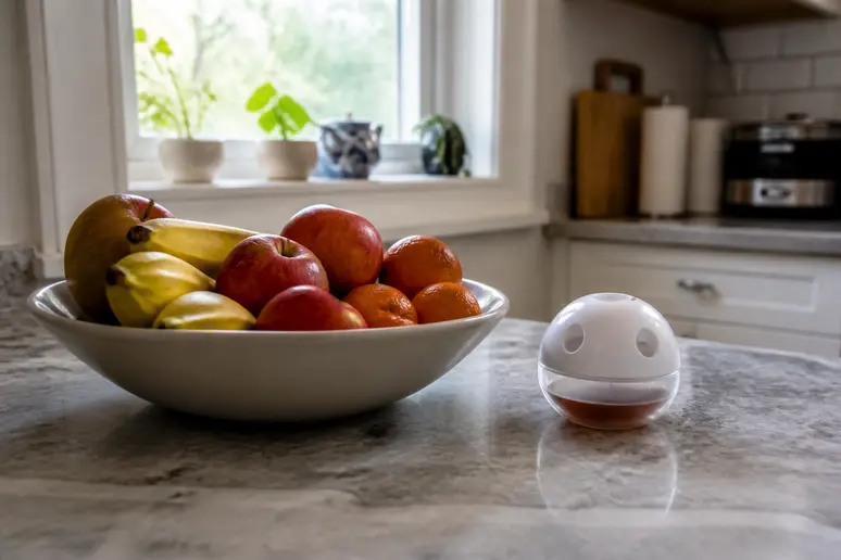 Piège anti-moucheron installé sur le plan de travail de la cuisine près d'une corbeille de fruits