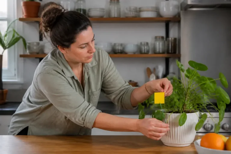 Utilisation d'un insecticide moucheron près d'une plante verte dans une cuisine lumineuse