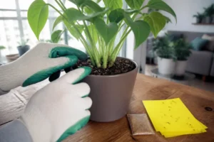 Jardinier observant la terre d'une plante d'intérieur pour repérer une larve de moucheron et protéger ses végétaux