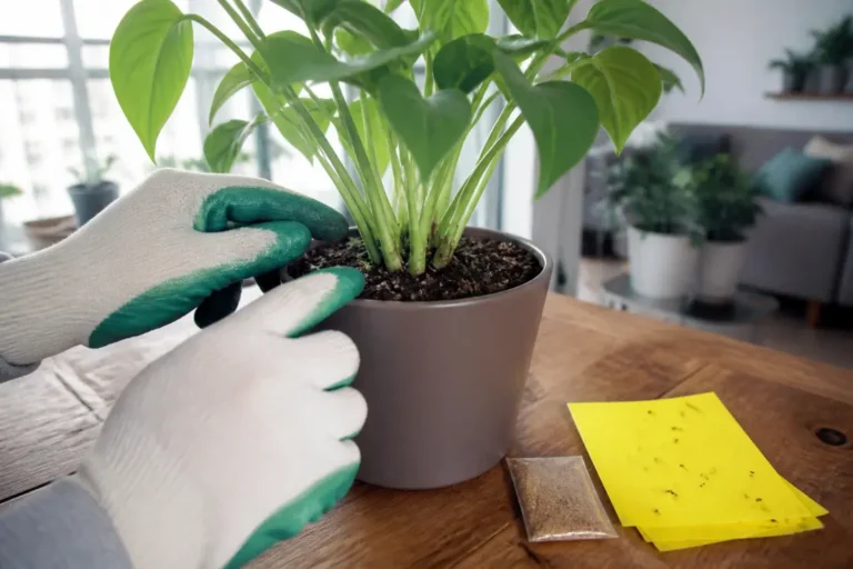 Jardinier observant la terre d'une plante d'intérieur pour repérer une larve de moucheron et protéger ses végétaux
