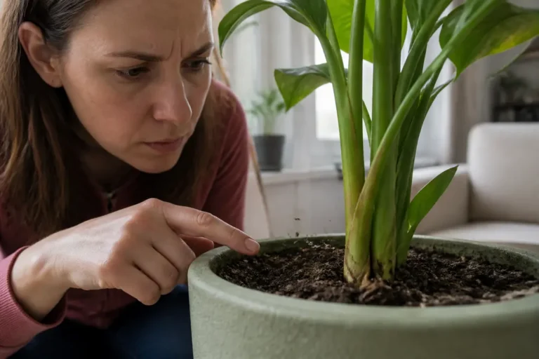 Observation attentive d'une mouche de terreau dans la maison sur la terre d'une plante verte