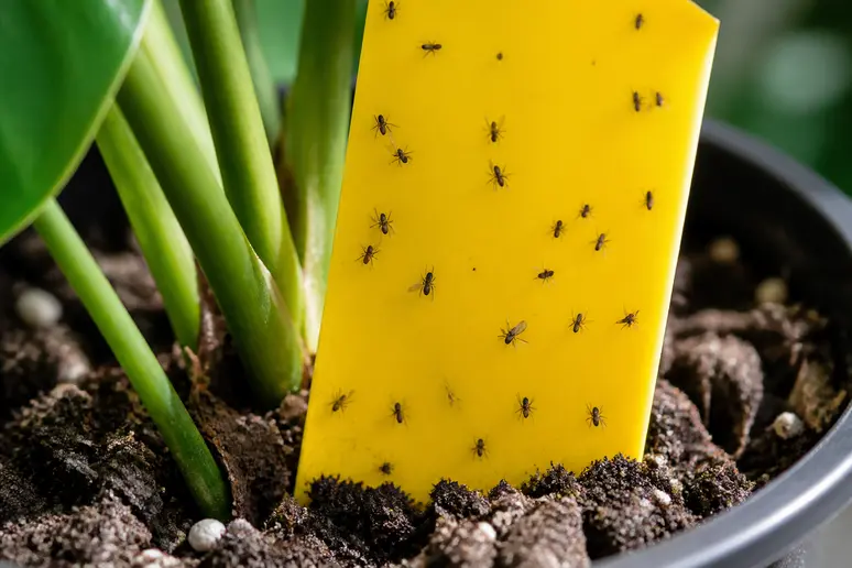 Piège jaune adhésif piqué dans le terreau pour capturer les moucherons adultes