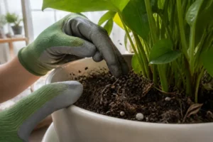 Observation d'une mouche de terreau marc de cafe sur la surface d'un pot de fleurs en interieur