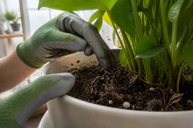Observation d'une mouche de terreau marc de cafe sur la surface d'un pot de fleurs en interieur