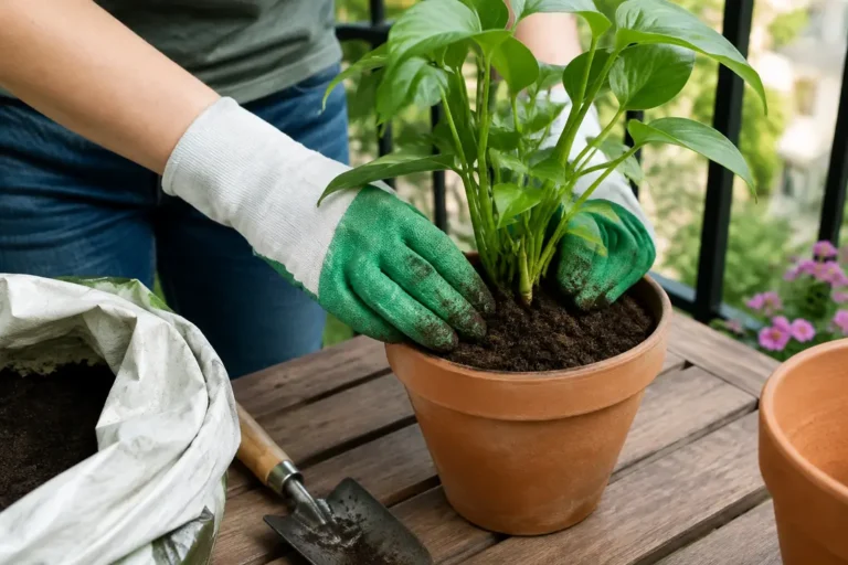 Jardinier en train de rempoter une plante verte pour lutter contre les moucherons plante exterieur sur un balcon