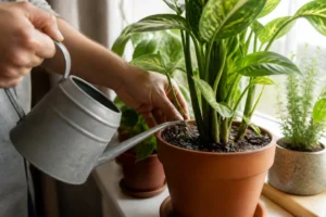 Un jardinier arrose délicatement la terre d'une plante verte avec un nematode mouche de terreau pour éliminer les nuisibles