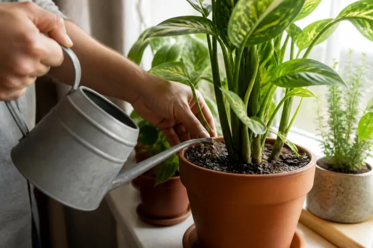 Un jardinier arrose délicatement la terre d'une plante verte avec un nematode mouche de terreau pour éliminer les nuisibles