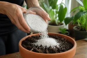 Mélange de terreau et de perlite plante dans un pot en terre cuite.