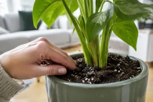 Une personne examine la terre d'une plante verte infestée par des petites mouches noires dans un salon