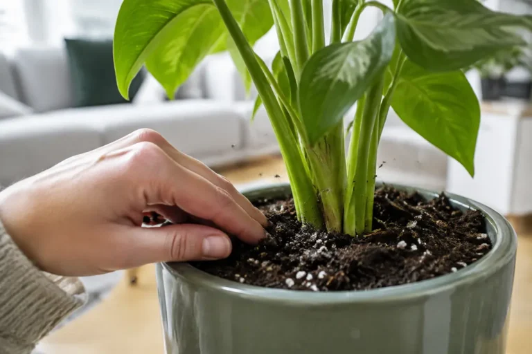 Une personne examine la terre d'une plante verte infestée par des petites mouches noires dans un salon