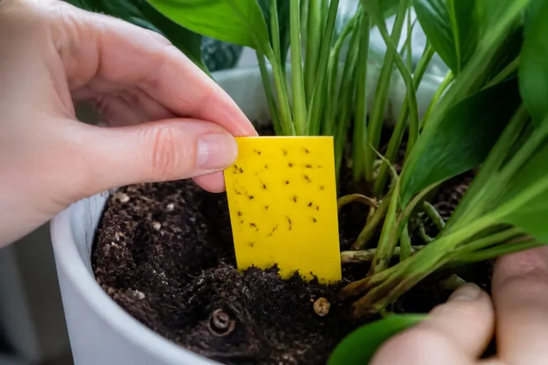 Installation d un piege mouche terreau jaune dans un pot de plante d interieur