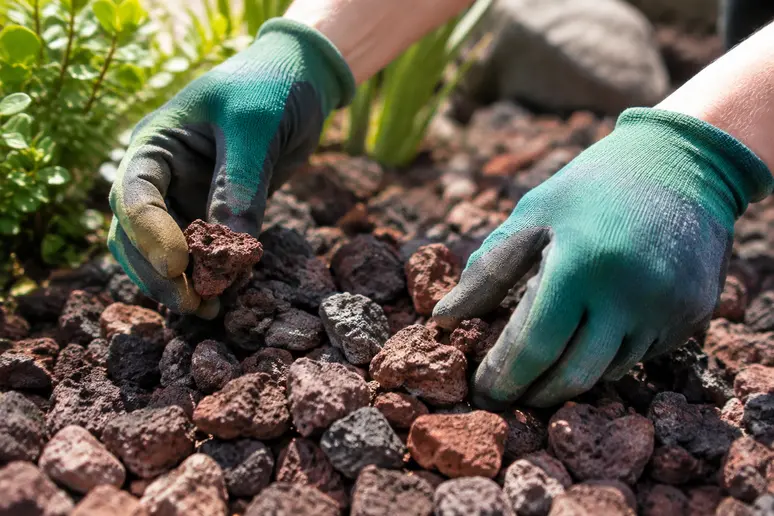 Granulométrie de pierre de lave utilisée pour le paillage minéral d'un massif.