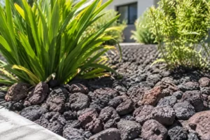 Aménagement de pierre de lave jardin autour des plantations sous un soleil d'été.