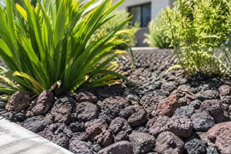 Aménagement de pierre de lave jardin autour des plantations sous un soleil d'été.
