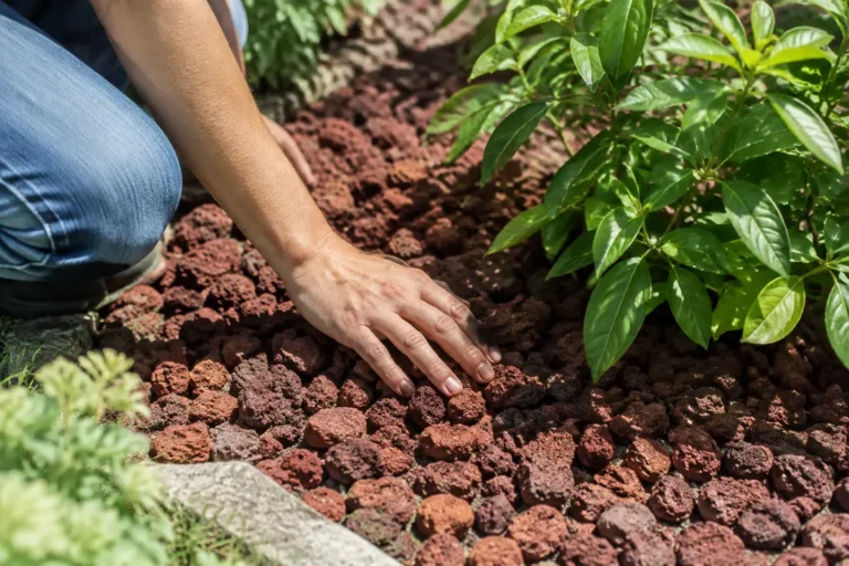 Jardinier observant l'impact de la pierre volcanique jardin sur la chaleur du sol en été.