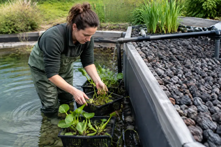 Installation des paniers de plantes aquatiques à côté de la zone de lagunage en pouzzolane bassin