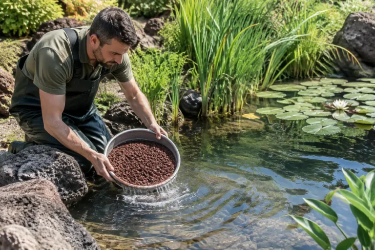 Jardinier rinçant de la pouzzolane bassin pour la filtration naturelle et les plantations aquatiques.