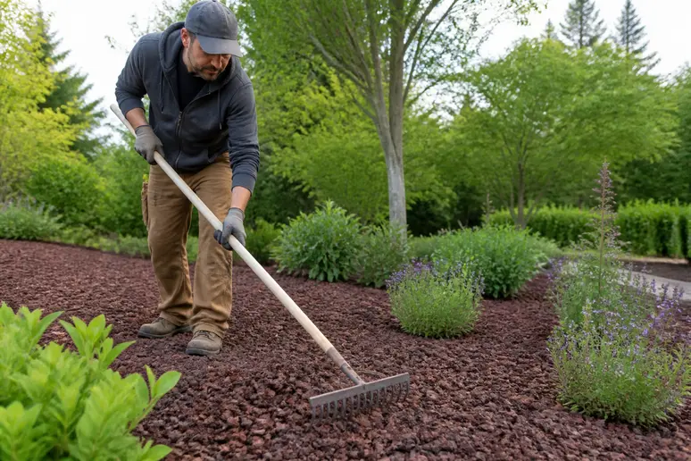 Étalement au râteau de la pouzzolane de jardin autour des massifs plantés
