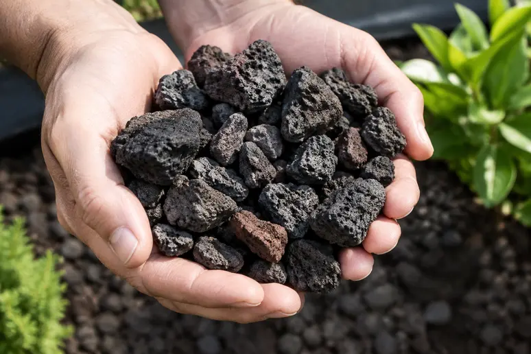 Tas de pouzzolane noire de calibres différents présentés pour comparer la granulométrie au jardin