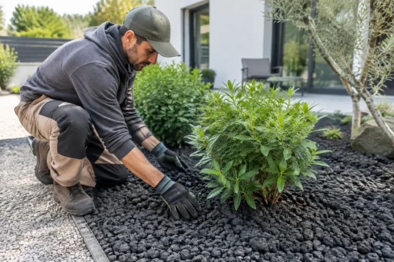 Jardinier étalant de la pouzzolane noire au pied des arbustes pour le paillage du jardin