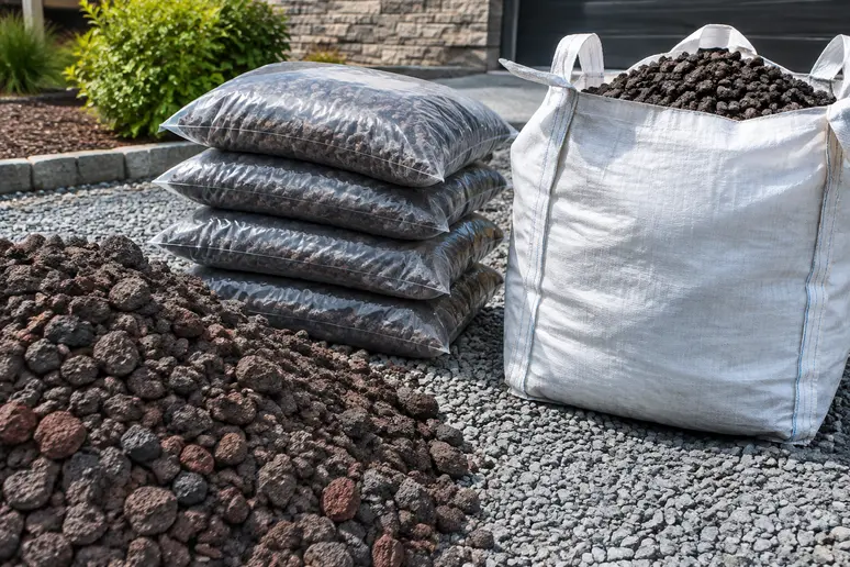 Tas de pouzzolane en vrac et sacs de paillage minéral sur un chantier de jardinage.