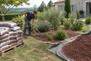 Un jardinier répand de la pouzzolane prix avantageux entre les massifs de fleurs près de sacs et d'un tas en vrac