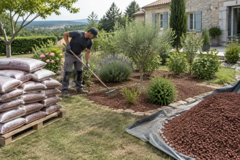Un jardinier répand de la pouzzolane prix avantageux entre les massifs de fleurs près de sacs et d'un tas en vrac