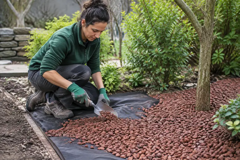 Pose de la pouzzolane rouge sur un feutre géotextile dans un massif de jardin