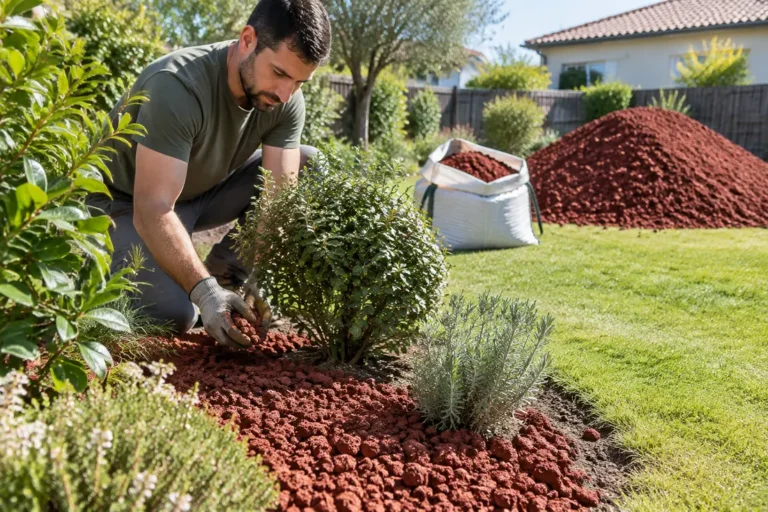 Jardinier étalant de la pouzzolane rouge au pied des arbustes dans un jardin