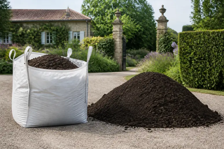 Un big bag de terreau et un tas de vrac sur un chantier de jardinage.