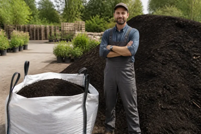 Jardinier inspectant du terreau en vrac et un grand sac pour comparer le prix terreau au m3