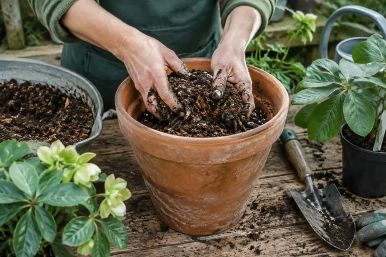 Un jardinier prépare un pot avec du quel terreau pour rose de noel adapté et bien drainé.