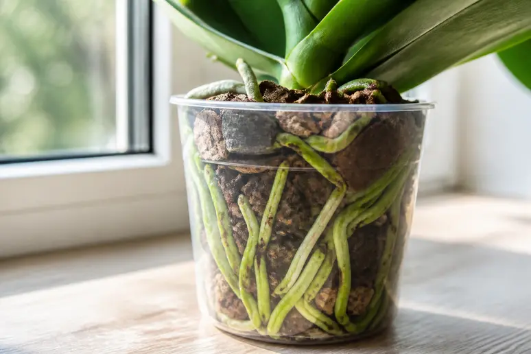 Pot en plastique transparent montrant les racines vertes d'une orchidée après son rempotage