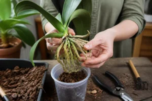 Geste minutieux pour rempoter une orchidée en démêlant délicatement les racines dans un pot transparent