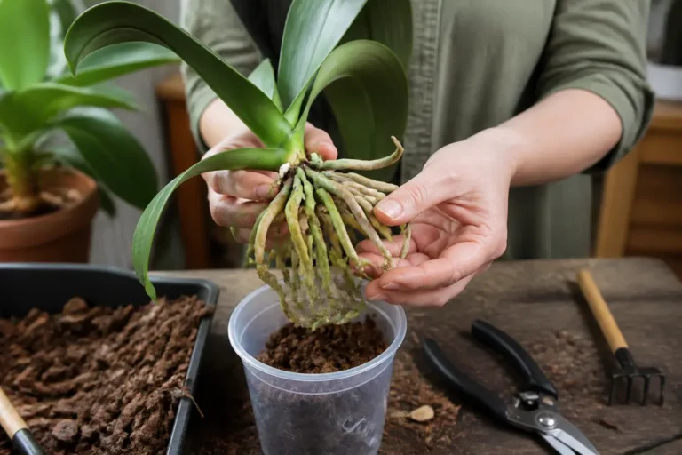 Geste minutieux pour rempoter une orchidée en démêlant délicatement les racines dans un pot transparent