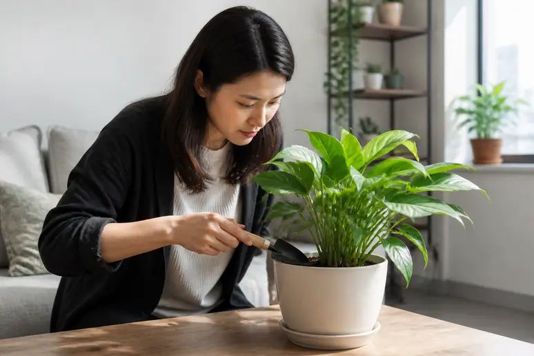 Inspection du terreau d'une plante d'intérieur pour observer la présence de larves de sciarides
