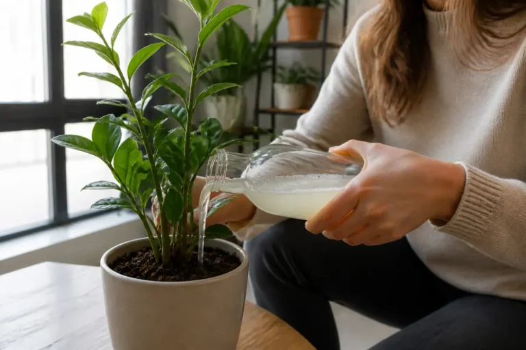Arrosage d'une plante verte en pot avec du savon noir sciarides pour protéger le terreau à l'intérieur