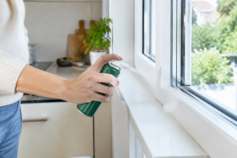 Pulvérisation d'un spray anti-moucheron sur l'encadrement d'une fenêtre de cuisine