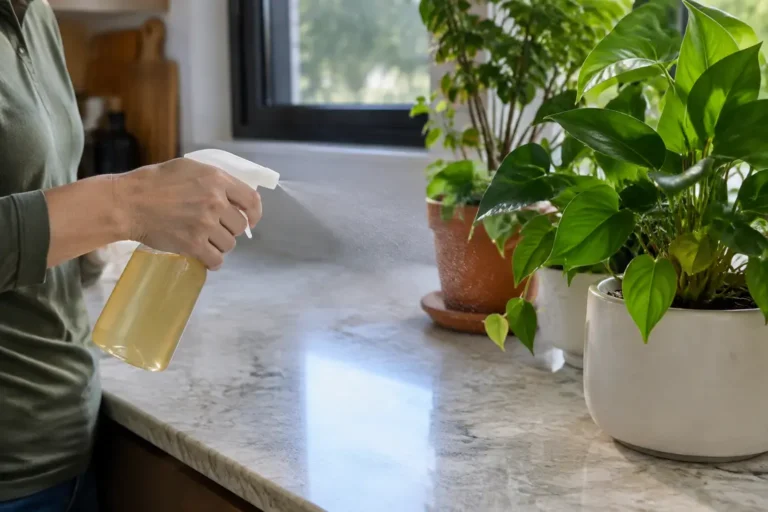 Utilisation d'un spray anti moucheron sur un plan de travail de cuisine près de plantes