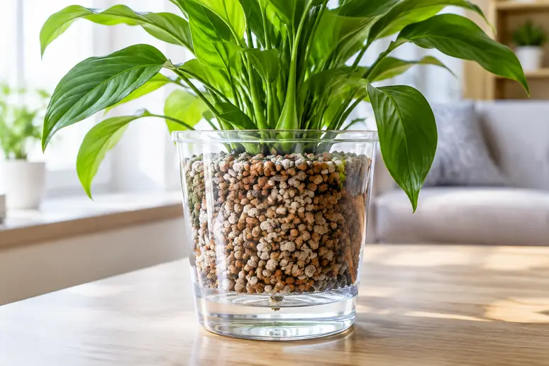 Pot transparent rempli de substrat minéral pour une culture en semi-hydroponie