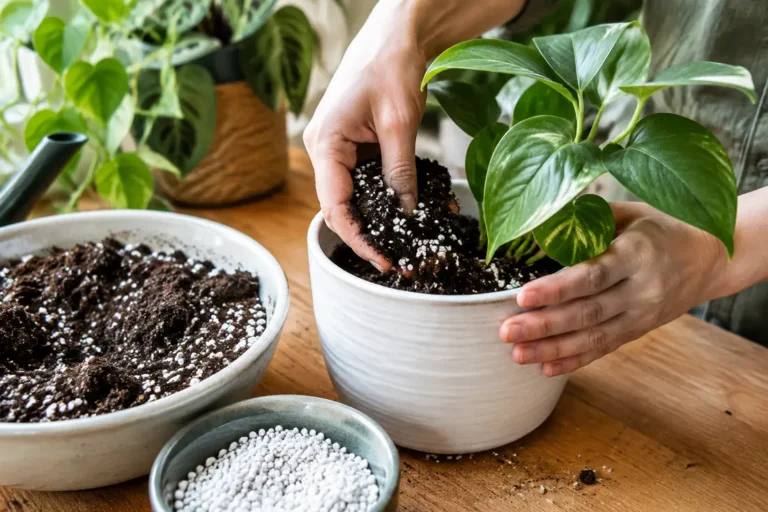 Mains préparant une plante d'intérieur dans un pot avec un substrat minéral adapté.